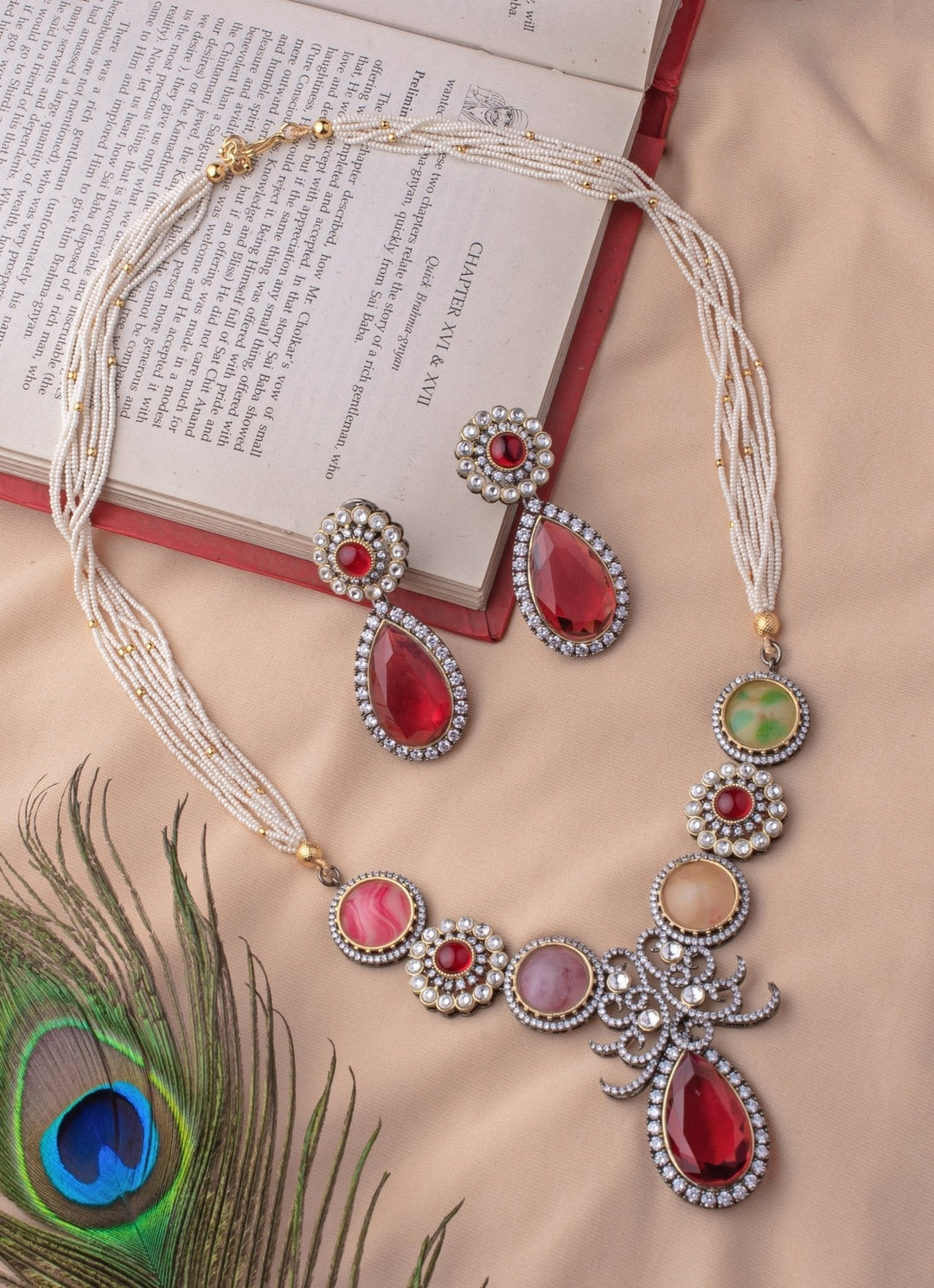 Red And Multi Beaded Polki Short Necklace Set Vivinia by Vidhi Mehra - Fabilicious Fashion