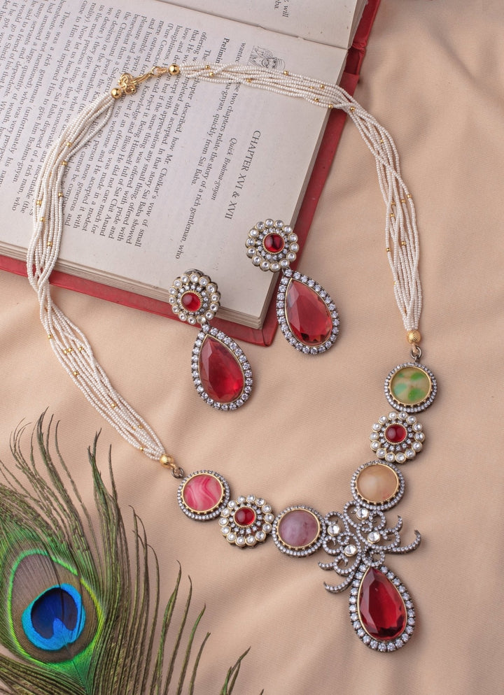 Red And Multi Beaded Polki Short Necklace Set Vivinia by Vidhi Mehra - Fabilicious Fashion