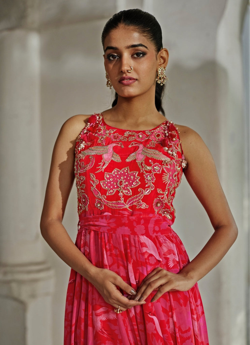 Red And Pink Printed Crepe Jumpsuit Paulmi and Harsh - Fabilicious Fashion