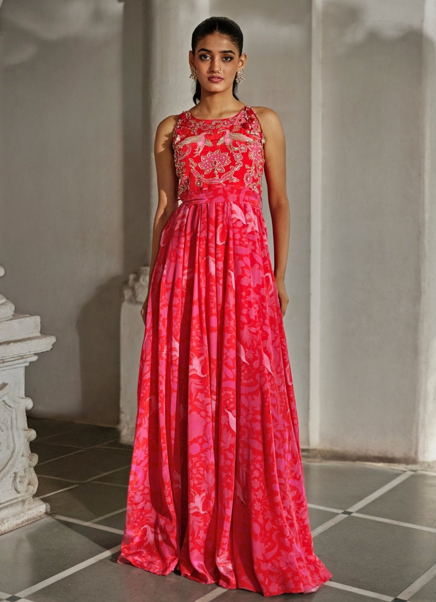 Red and pink printed jumpsuit — Valentine’s Day Indian outfit for coffee date