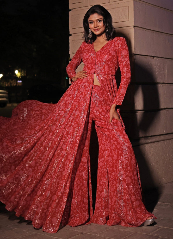 Red And Pink Printed Georgette Pants Set Kiyohra - Fabilicious Fashion