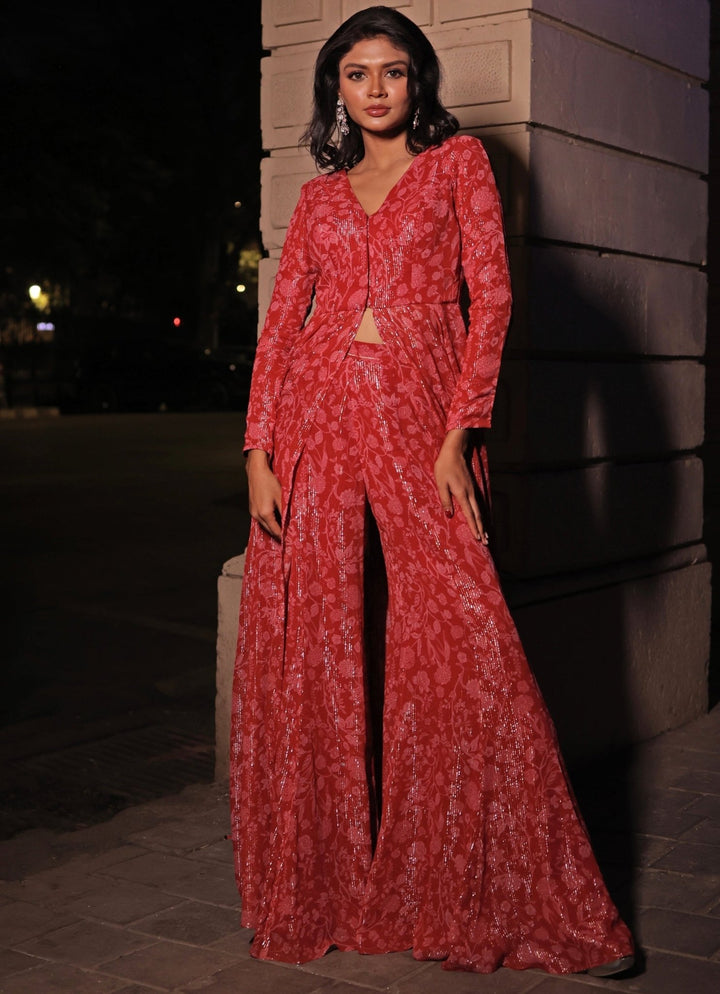 Red And Pink Printed Georgette Pants Set Kiyohra - Fabilicious Fashion