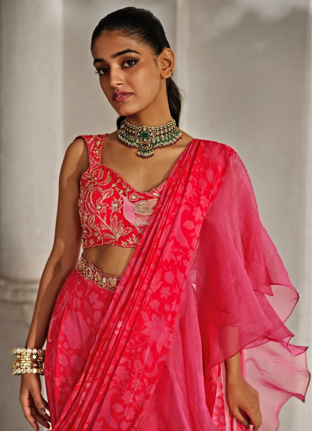 Red And Pink Printed Georgette Predraped Ruffle Saree Paulmi and Harsh - Fabilicious Fashion