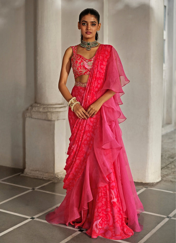 Red And Pink Printed Georgette Predraped Ruffle Saree Paulmi and Harsh - Fabilicious Fashion
