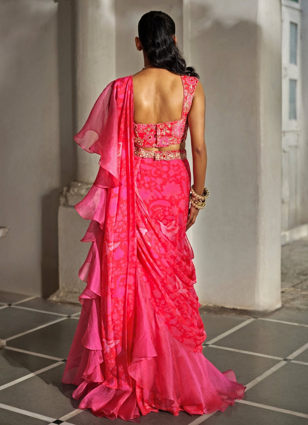 Red And Pink Printed Georgette Predraped Ruffle Saree Paulmi and Harsh - Fabilicious Fashion