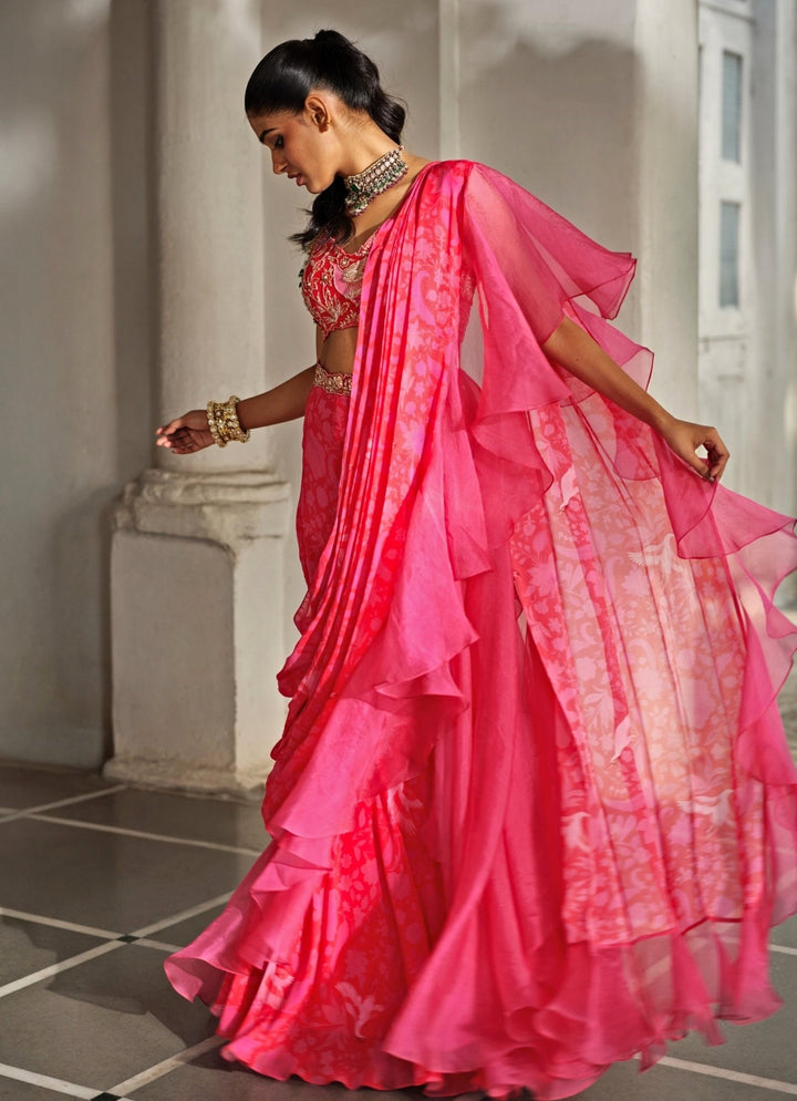 Red And Pink Printed Georgette Predraped Ruffle Saree Paulmi and Harsh - Fabilicious Fashion