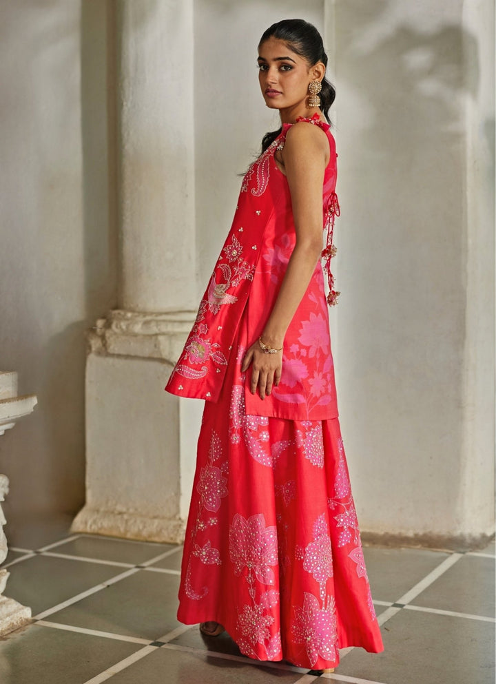 Red And Pink Printed Silk Kurta Palazzo Set Paulmi and Harsh - Fabilicious Fashion