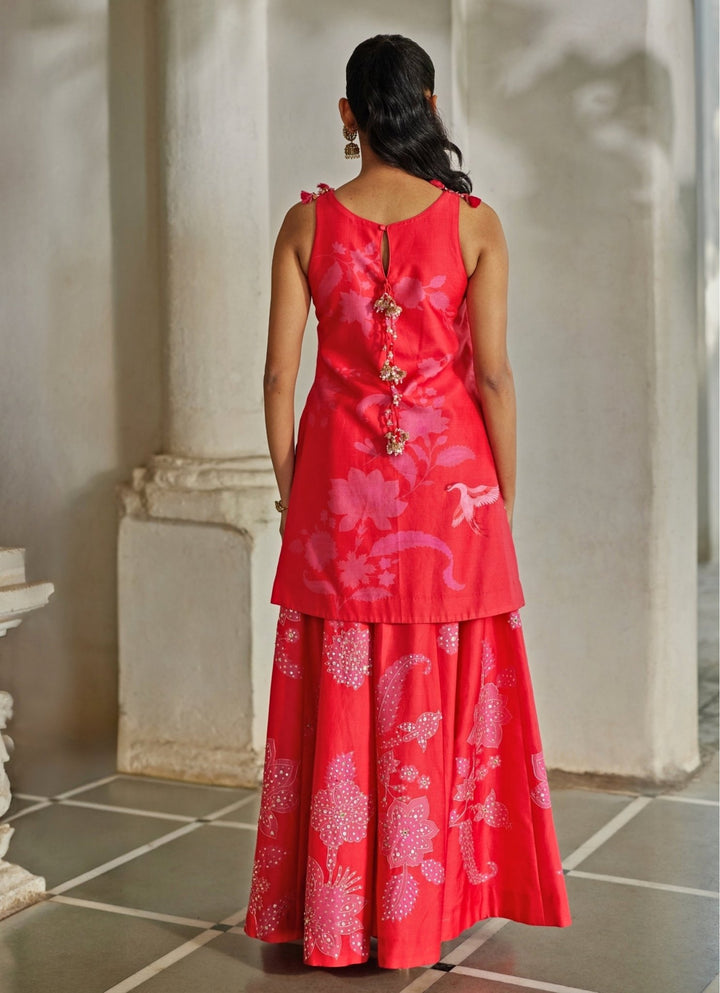 Red And Pink Printed Silk Kurta Palazzo Set Paulmi and Harsh - Fabilicious Fashion