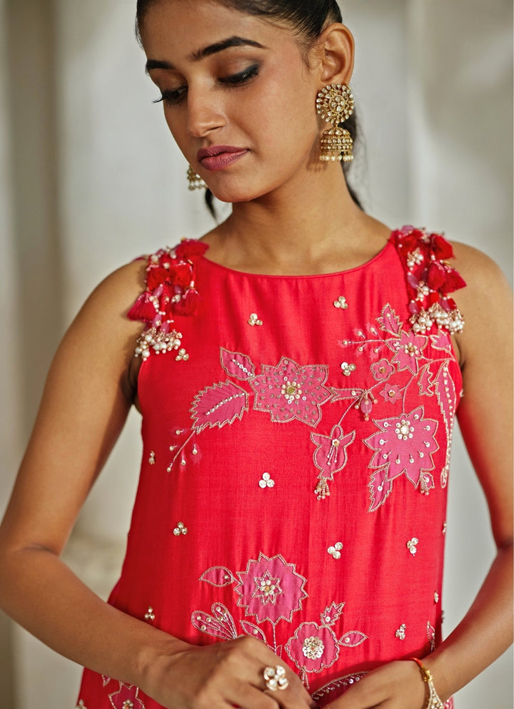 Red And Pink Printed Silk Kurta Palazzo Set Paulmi and Harsh - Fabilicious Fashion