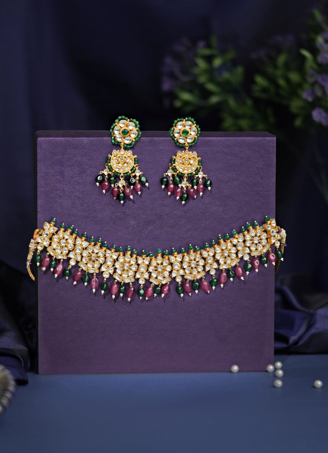 Riana Jewellery Red And Purple Matte Gold Choker SetFabilicious Fashion
