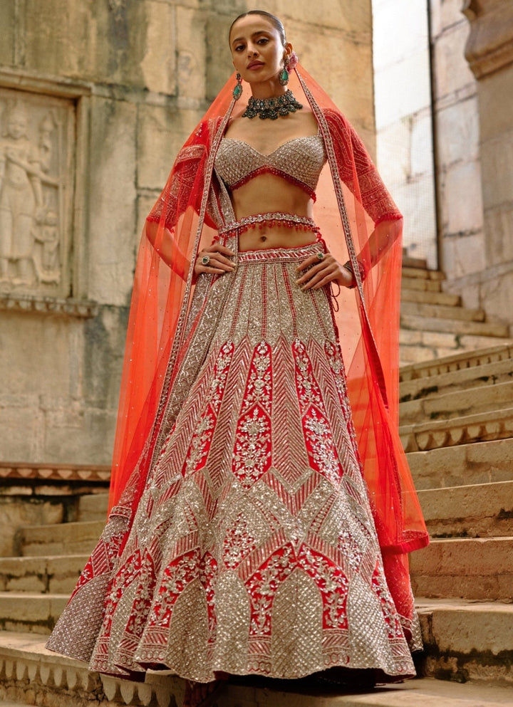 Red And Silver Soft Net Lehenga Set Nitika Gujral - Fabilicious Fashion