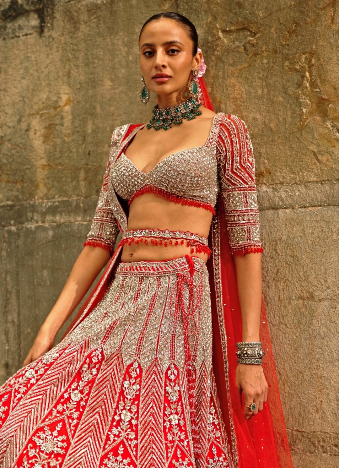 Red And Silver Soft Net Lehenga Set Nitika Gujral - Fabilicious Fashion