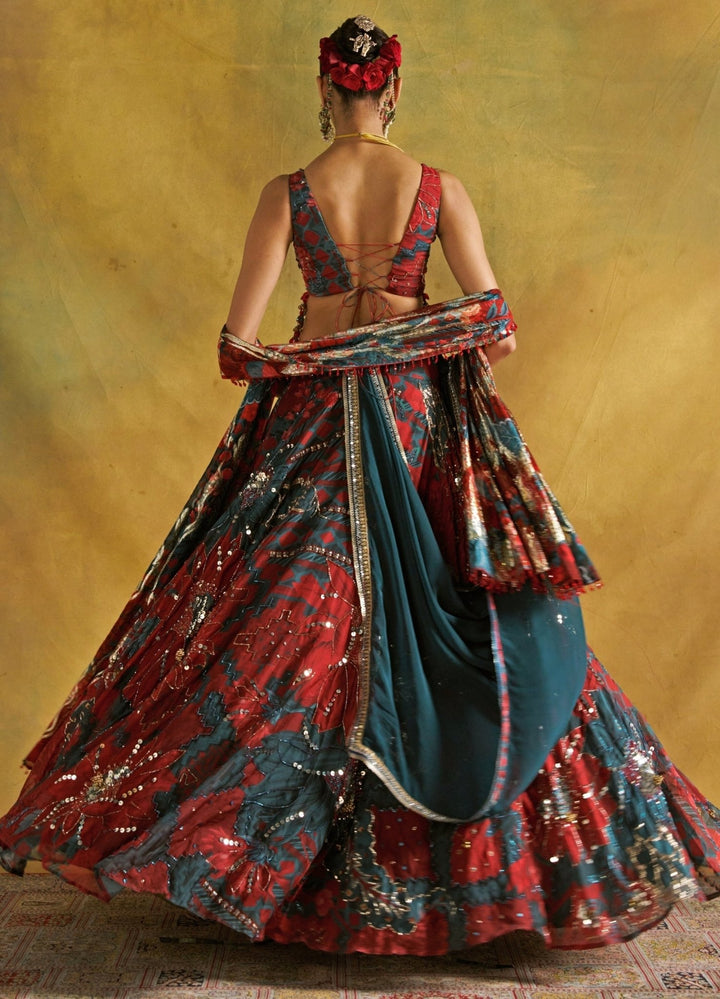 Rishi and Vibhuti Red And Teal Embroidered Organza Lehenga SetFabilicious Fashion