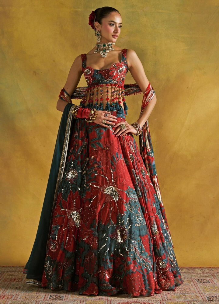 Rishi and Vibhuti Red And Teal Embroidered Organza Lehenga SetFabilicious Fashion