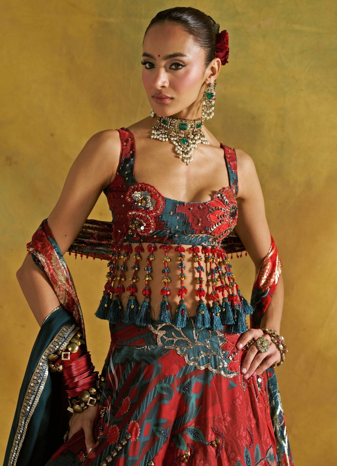 Rishi and Vibhuti Red And Teal Embroidered Organza Lehenga SetFabilicious Fashion
