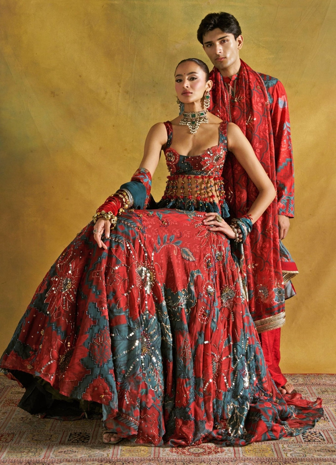 Rishi and Vibhuti Red And Teal Embroidered Organza Lehenga SetFabilicious Fashion