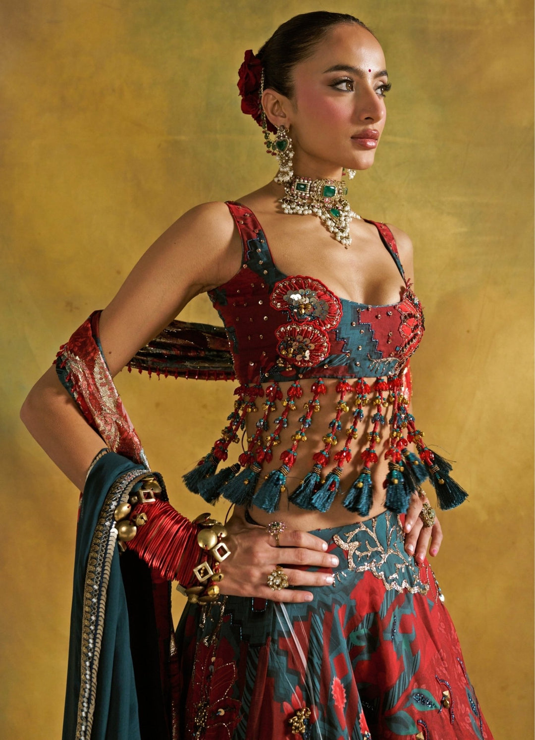 Rishi and Vibhuti Red And Teal Embroidered Organza Lehenga SetFabilicious Fashion