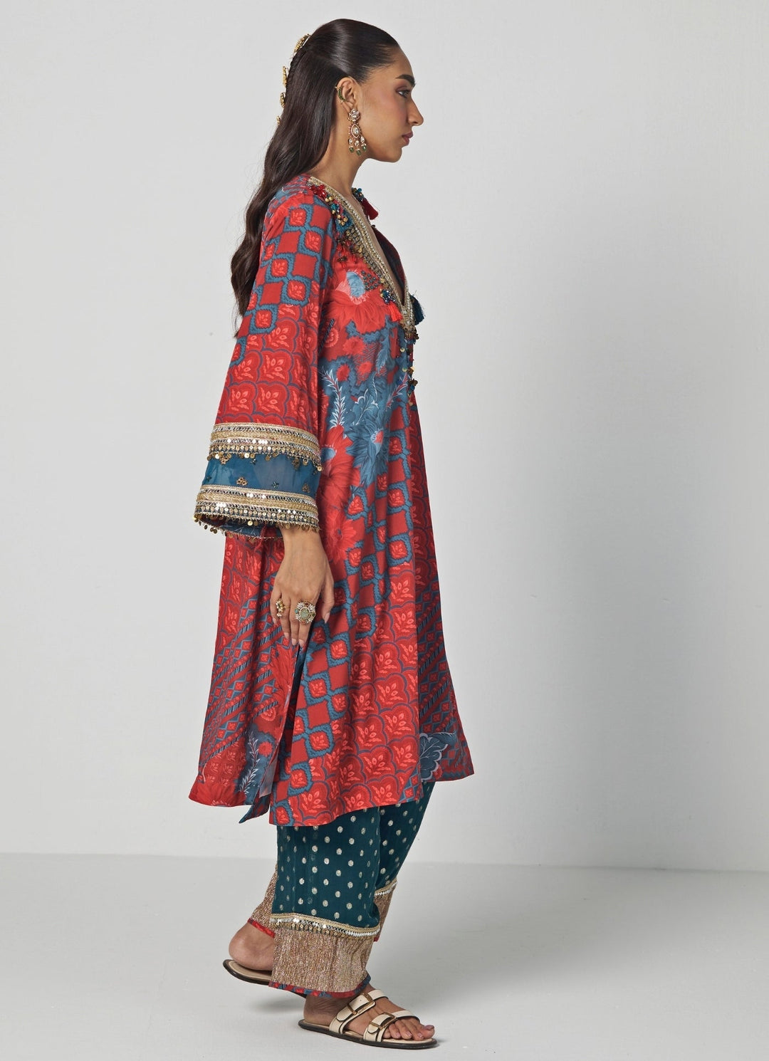 Rishi and Vibhuti Red And Teal Printed Crepe Kurta Pants SetFabilicious Fashion