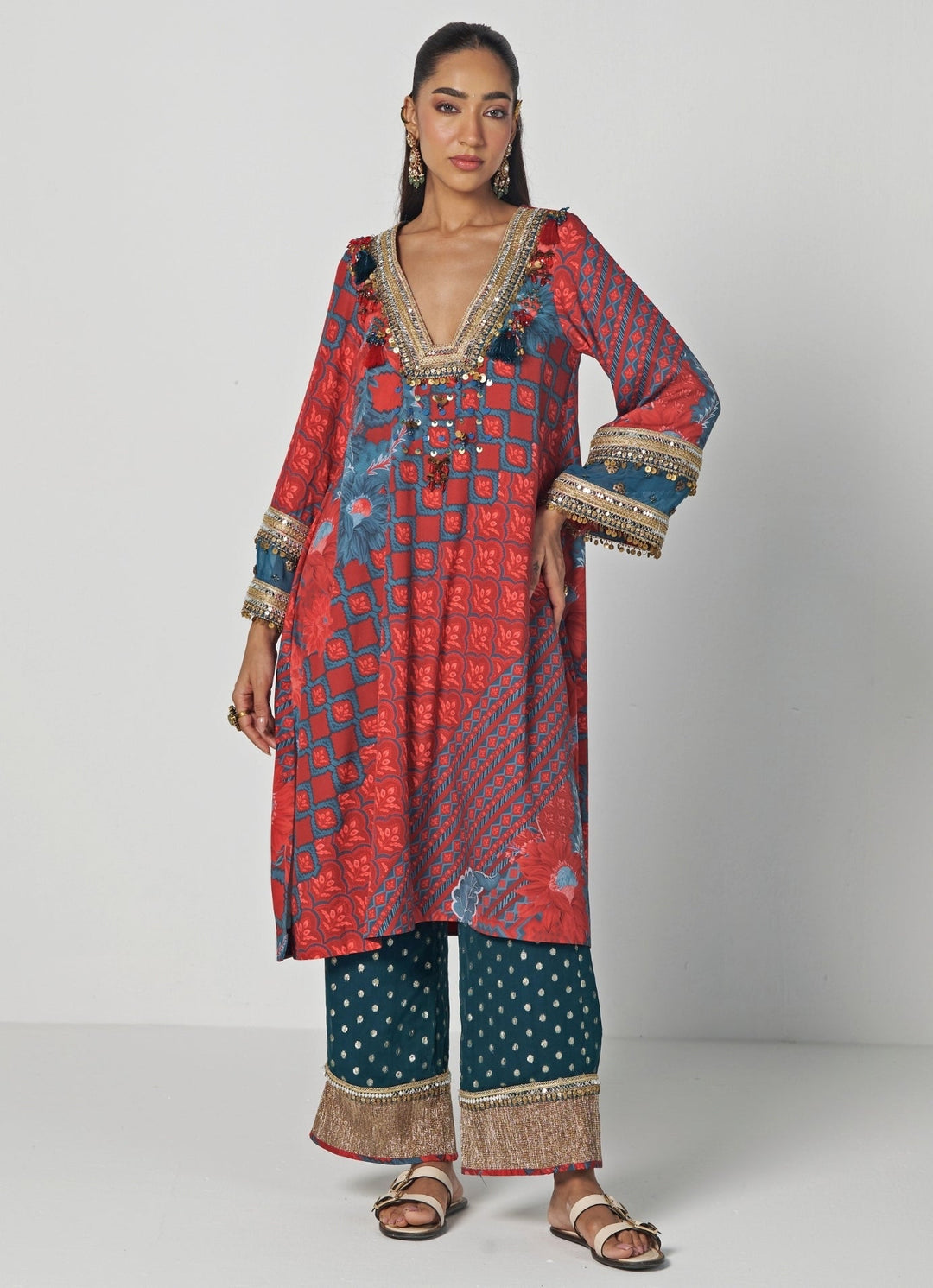Rishi and Vibhuti Red And Teal Printed Crepe Kurta Pants SetFabilicious Fashion