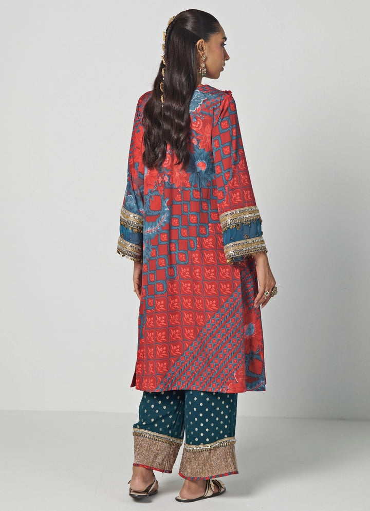 Rishi and Vibhuti Red And Teal Printed Crepe Kurta Pants SetFabilicious Fashion