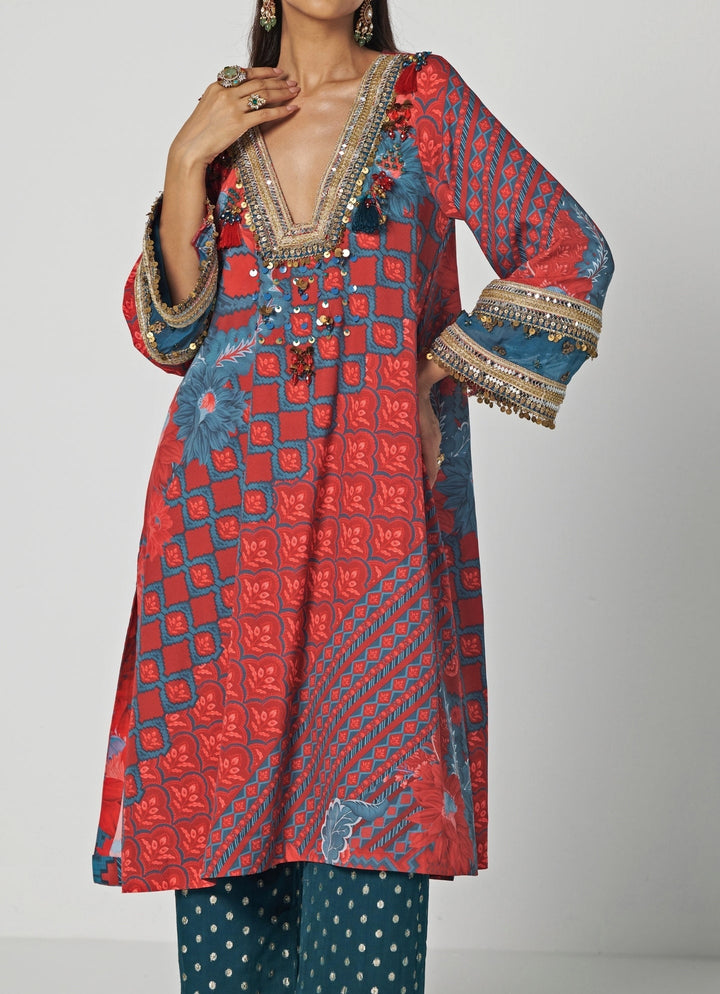 Rishi and Vibhuti Red And Teal Printed Crepe Kurta Pants SetFabilicious Fashion