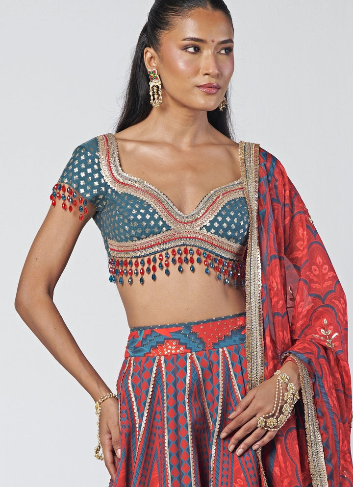 Rishi and Vibhuti Red And Teal Printed Crepe Lehenga SetFabilicious Fashion