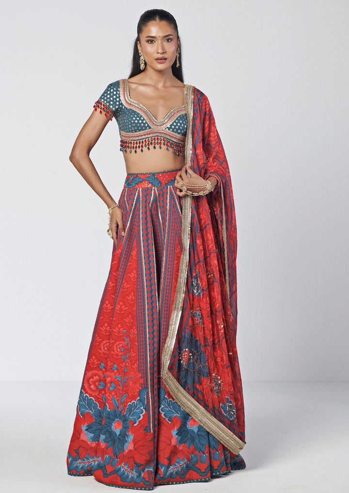 Rishi and Vibhuti Red And Teal Printed Crepe Lehenga SetFabilicious Fashion