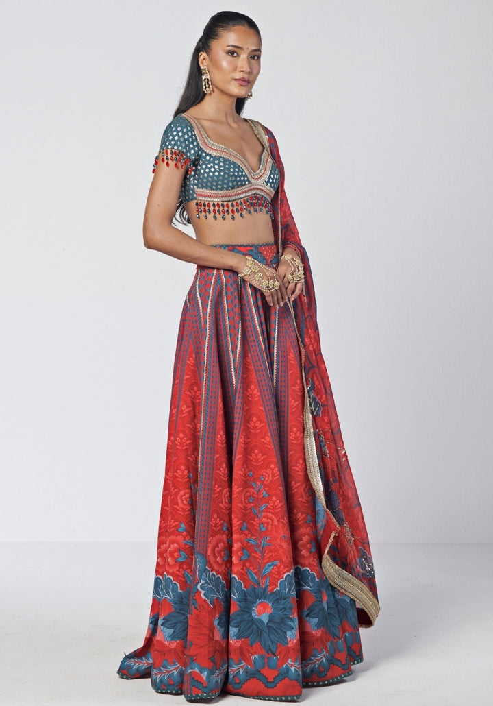 Rishi and Vibhuti Red And Teal Printed Crepe Lehenga SetFabilicious Fashion