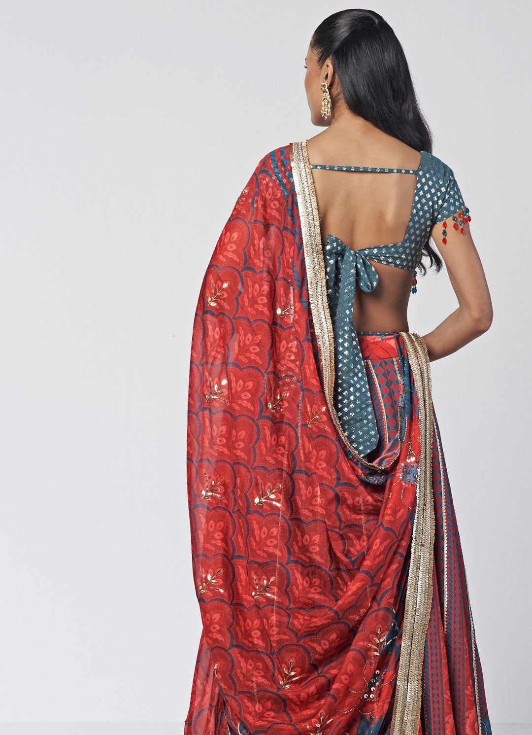 Rishi and Vibhuti Red And Teal Printed Crepe Lehenga SetFabilicious Fashion