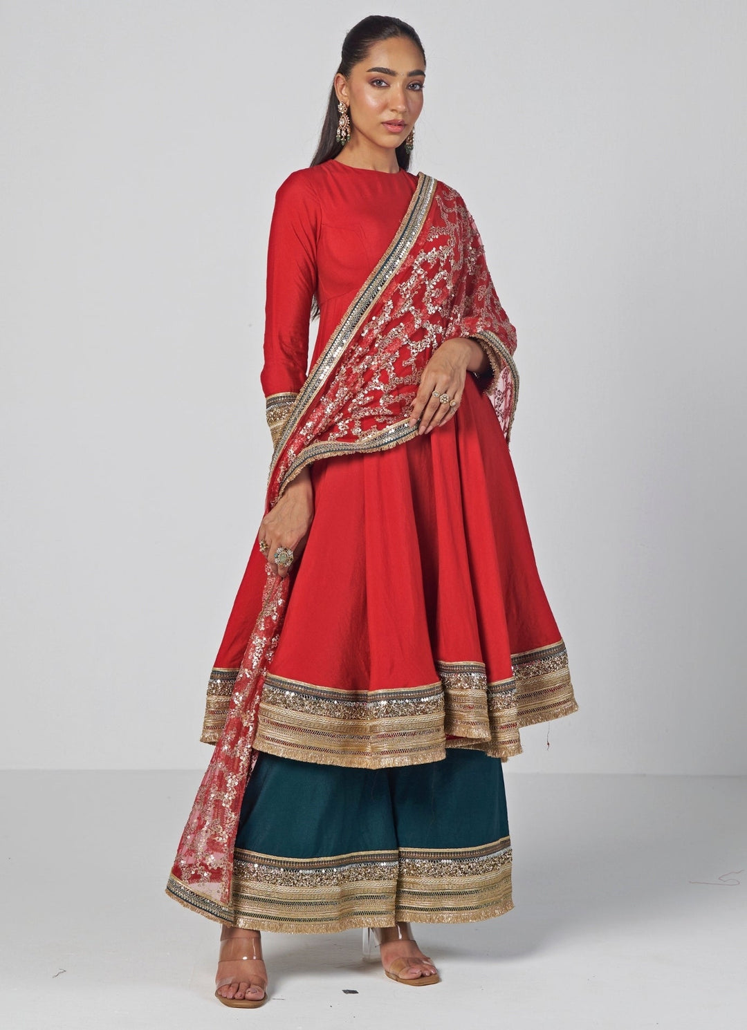 Rishi and Vibhuti Red And Teal Silk Chanderi Anarkali Pants SetFabilicious Fashion