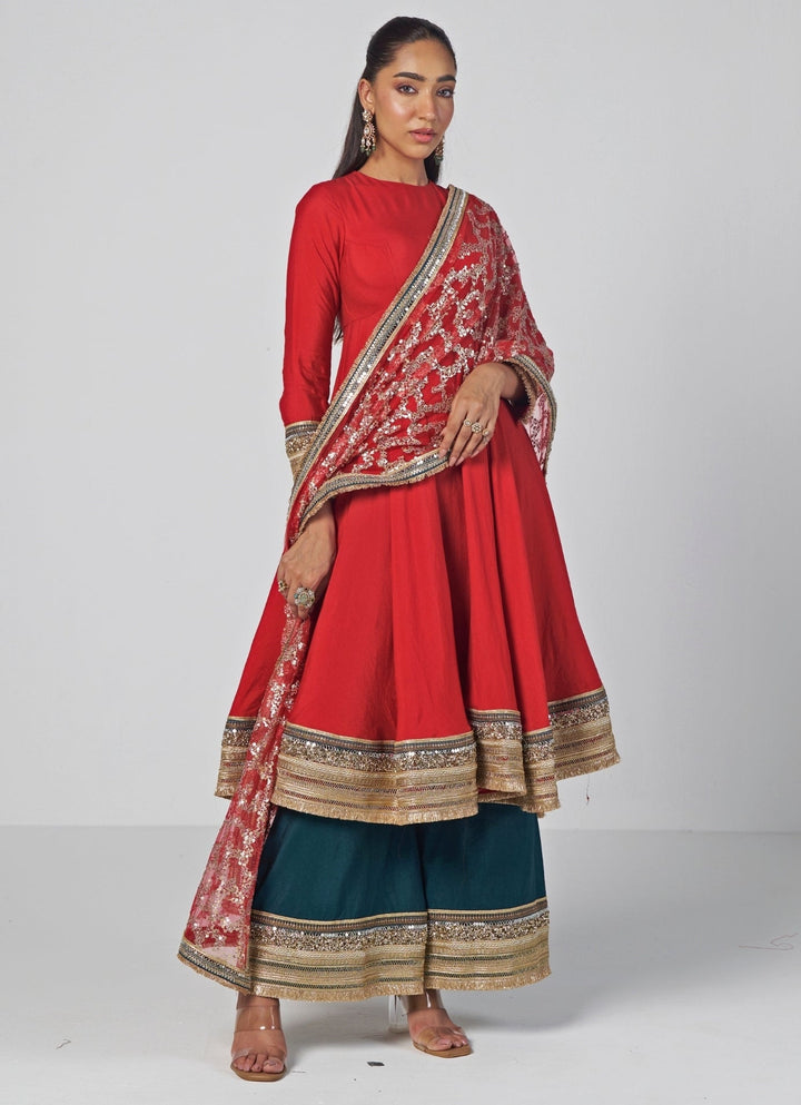 Rishi and Vibhuti Red And Teal Silk Chanderi Anarkali Pants SetFabilicious Fashion