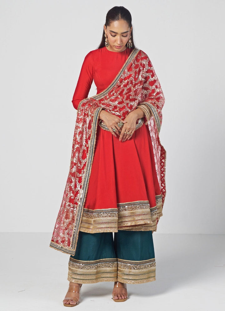 Rishi and Vibhuti Red And Teal Silk Chanderi Anarkali Pants SetFabilicious Fashion