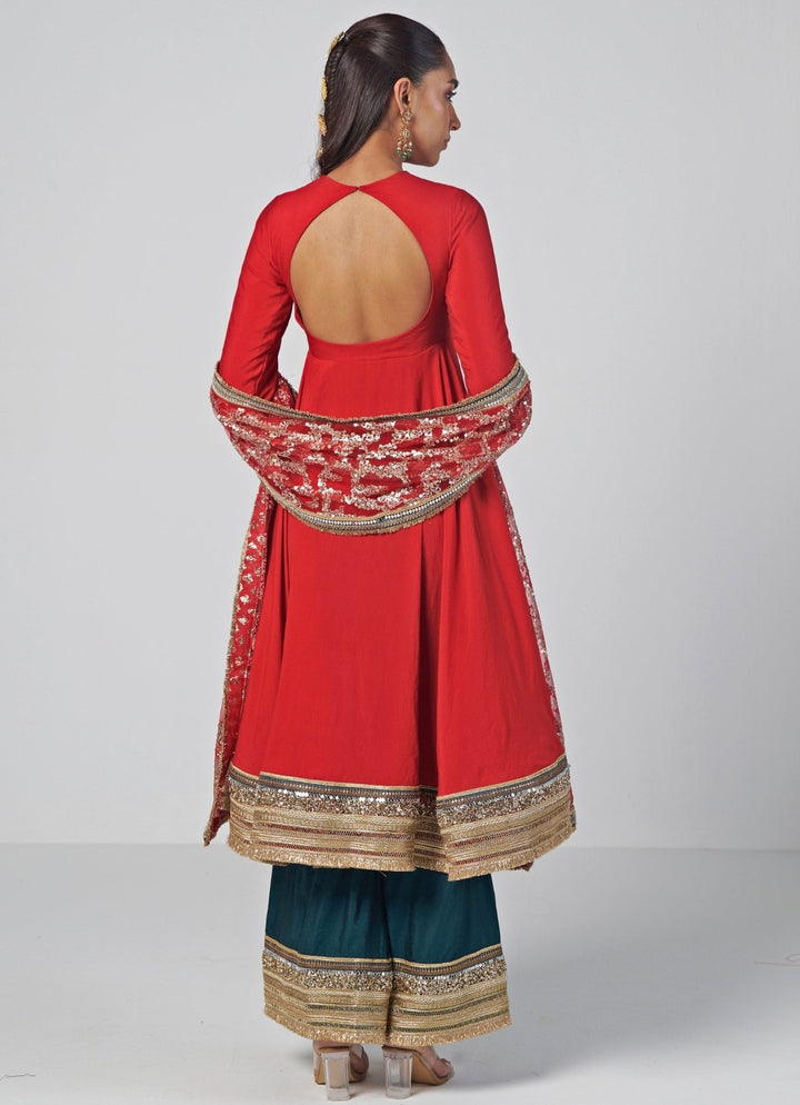 Rishi and Vibhuti Red And Teal Silk Chanderi Anarkali Pants SetFabilicious Fashion