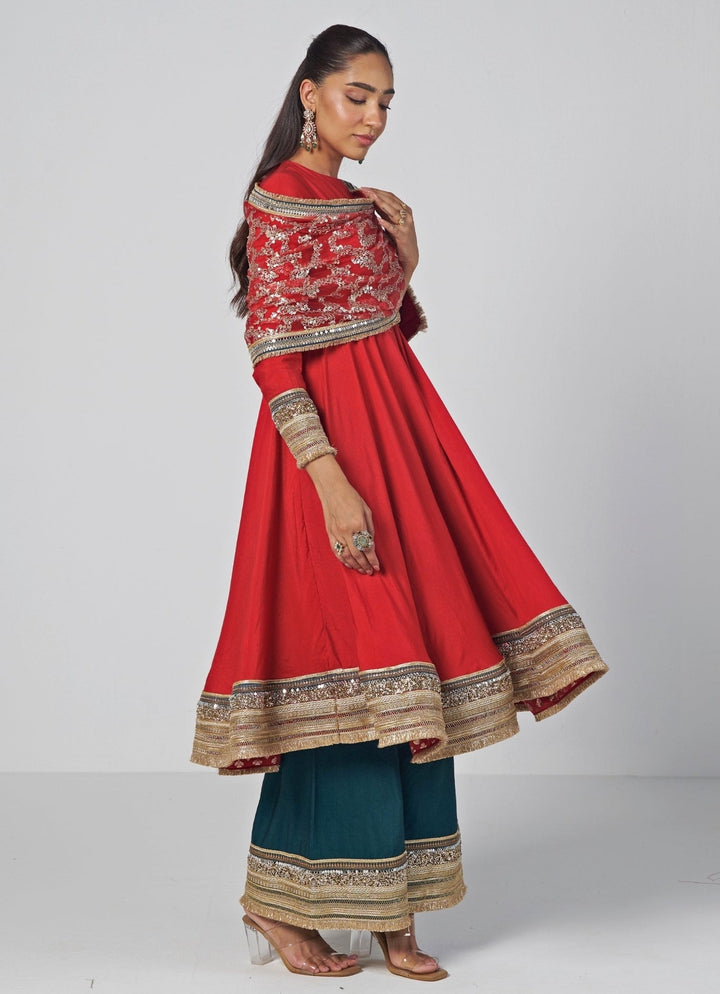 Rishi and Vibhuti Red And Teal Silk Chanderi Anarkali Pants SetFabilicious Fashion