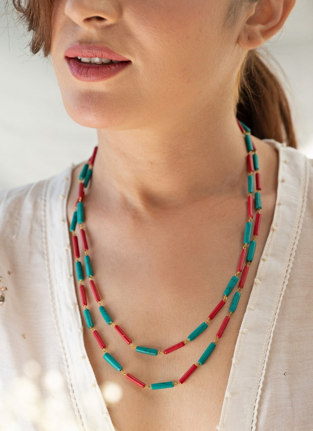 Do Taara Red And Turquoise Blue Layered NecklaceFabilicious Fashion