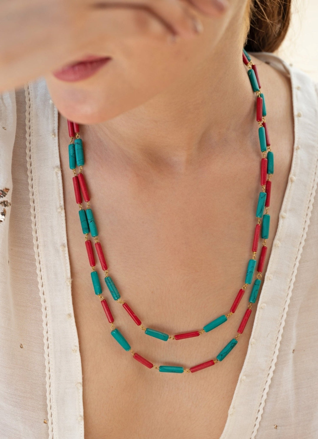 Do Taara Red And Turquoise Blue Layered NecklaceFabilicious Fashion