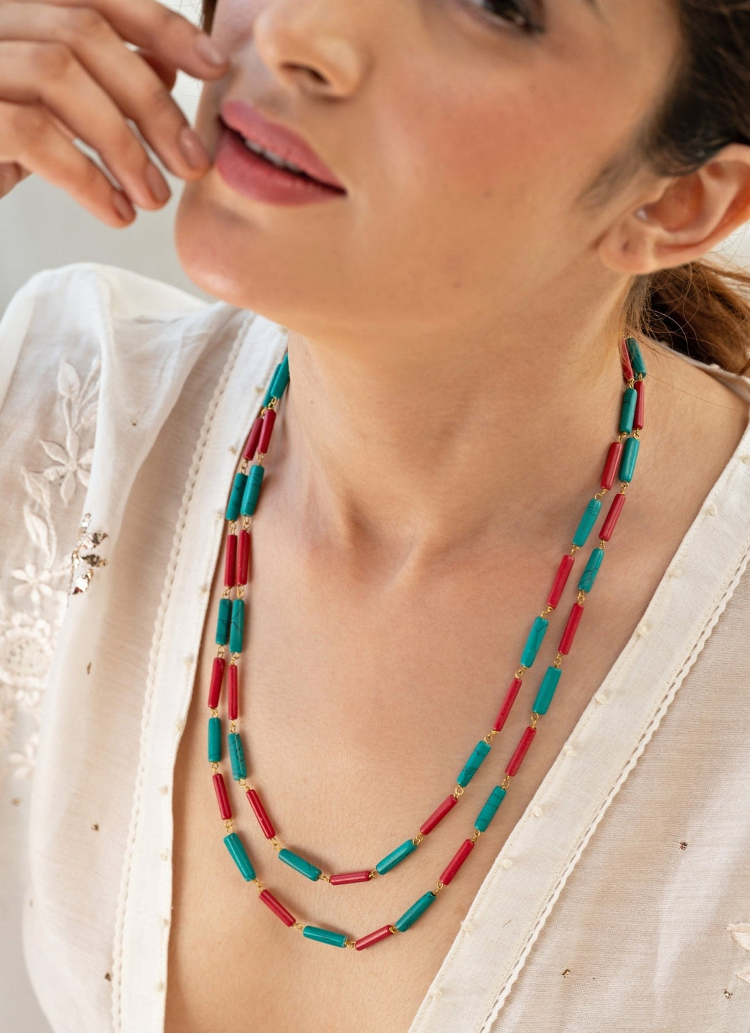 Do Taara Red And Turquoise Blue Layered NecklaceFabilicious Fashion