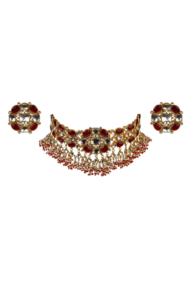 Red And White Floral Choker Set Riana by Shikha Jindal - Fabilicious Fashion