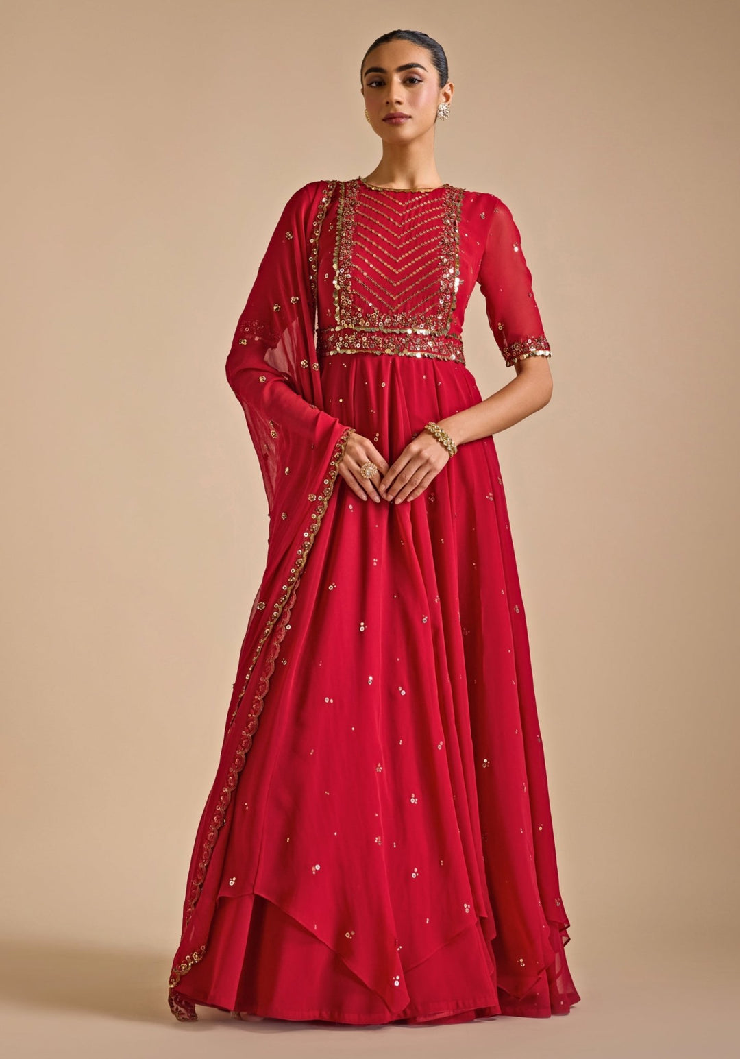 Red Asymmetric Cut Anarkali Gown Prevasu - Fabilicious Fashion