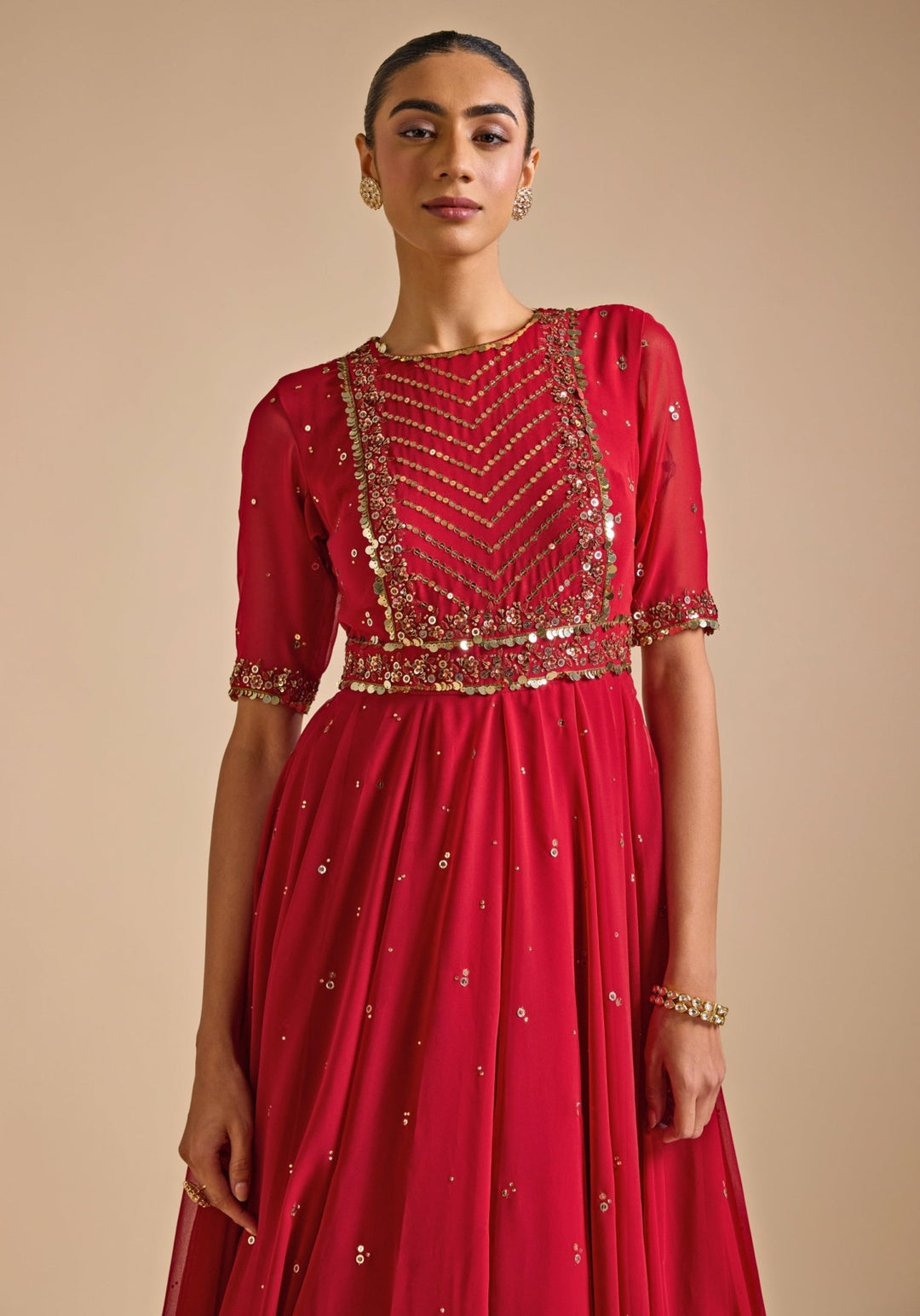 Red Asymmetric Cut Anarkali Gown Prevasu - Fabilicious Fashion