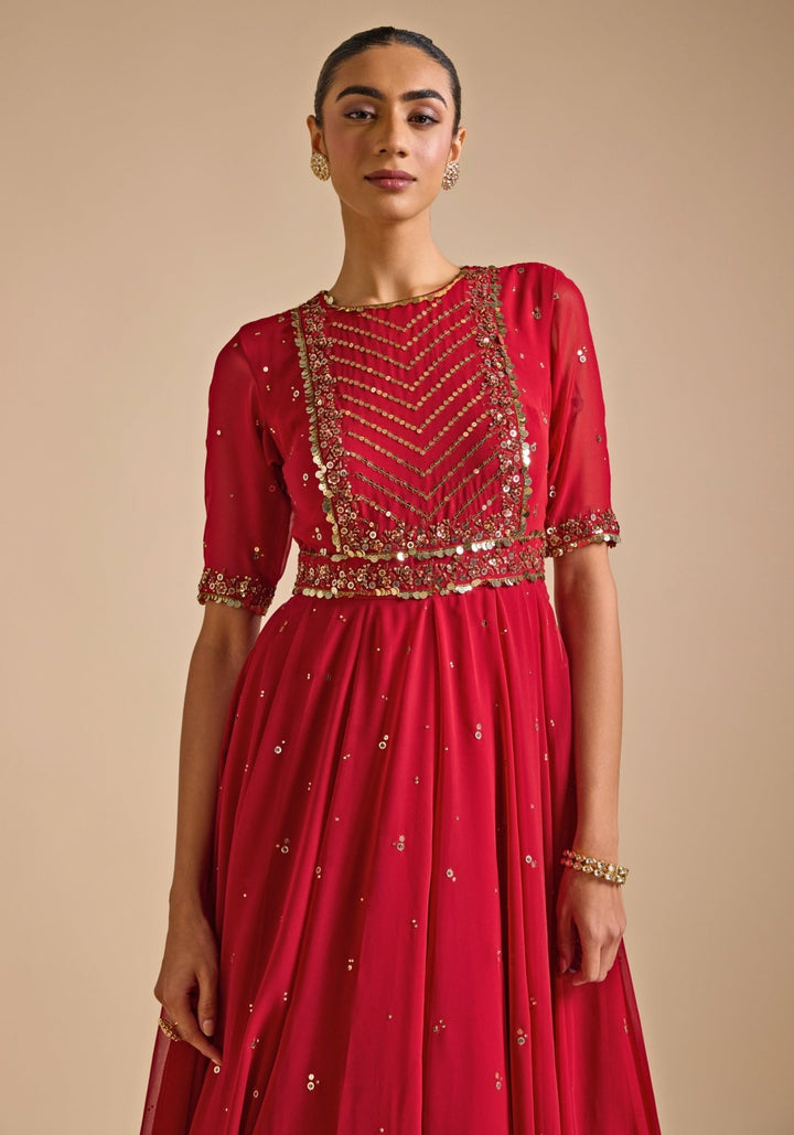 Red Asymmetric Cut Anarkali Gown Prevasu - Fabilicious Fashion