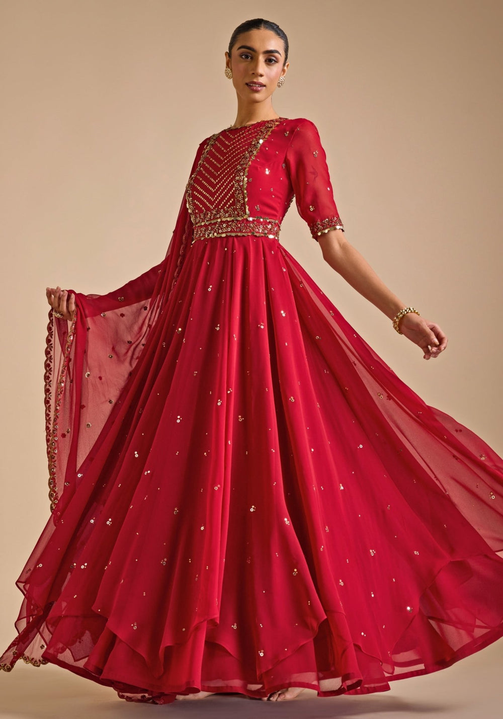 Red Asymmetric Cut Anarkali Gown Prevasu - Fabilicious Fashion