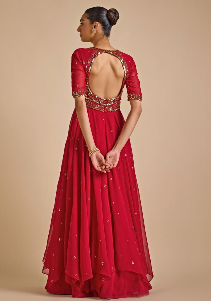 Red Asymmetric Cut Anarkali Gown Prevasu - Fabilicious Fashion