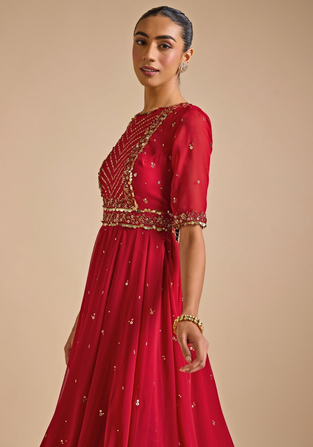 Red Asymmetric Cut Anarkali Gown Prevasu - Fabilicious Fashion