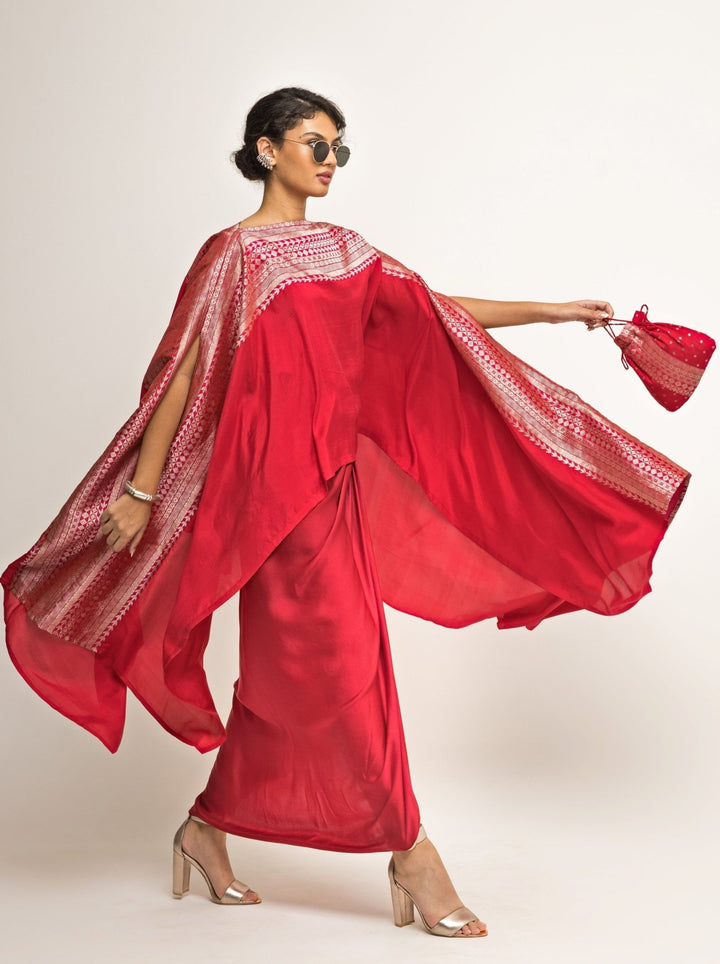 Red Asymmetric Silk Cape With Twisted Skirt Sobariko - Fabilicious Fashion