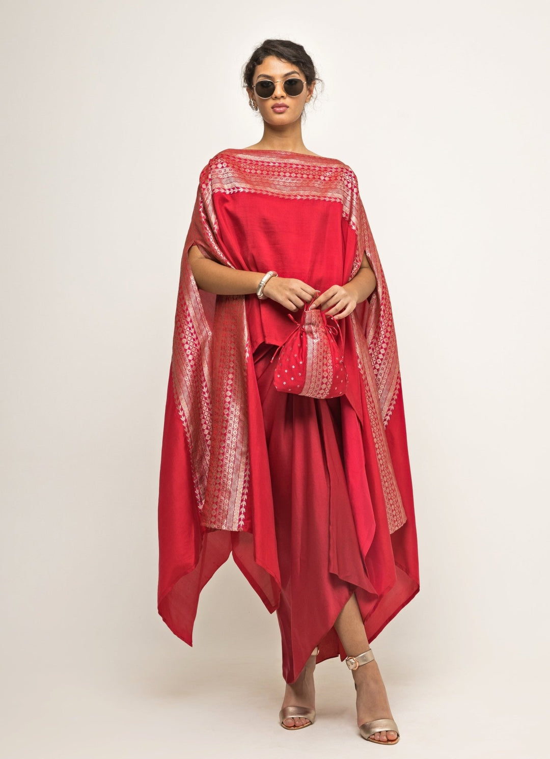 Red Asymmetric Silk Cape With Twisted Skirt Sobariko - Fabilicious Fashion