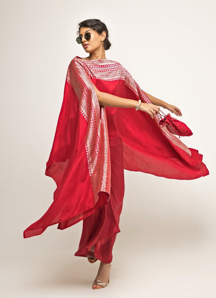Red Asymmetric Silk Cape With Twisted Skirt Sobariko - Fabilicious Fashion