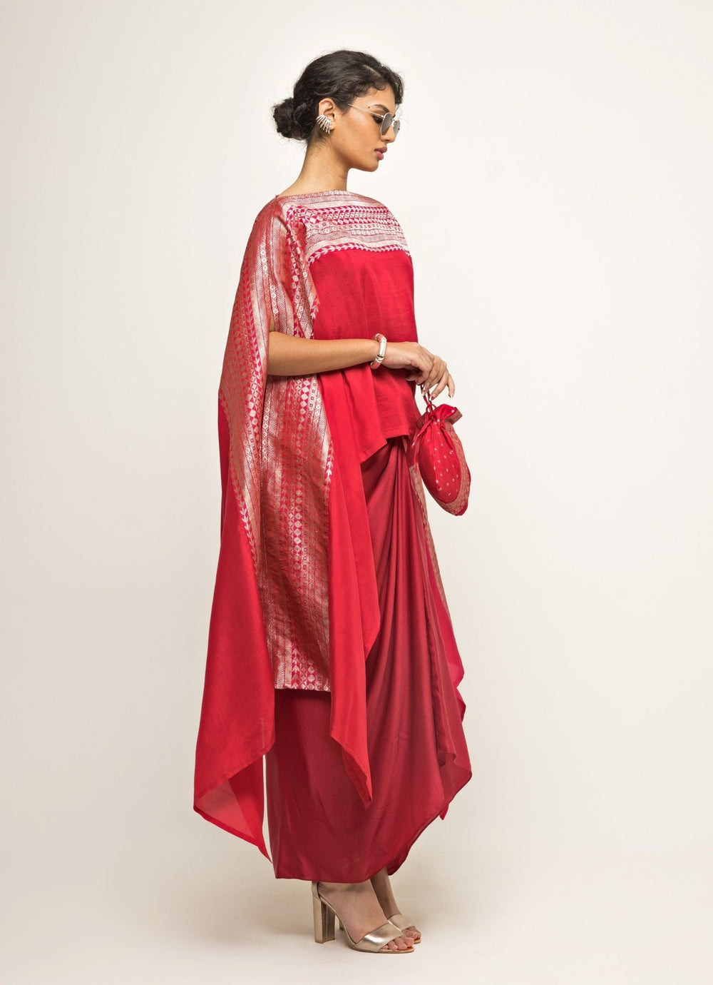 Red Asymmetric Silk Cape With Twisted Skirt Sobariko - Fabilicious Fashion