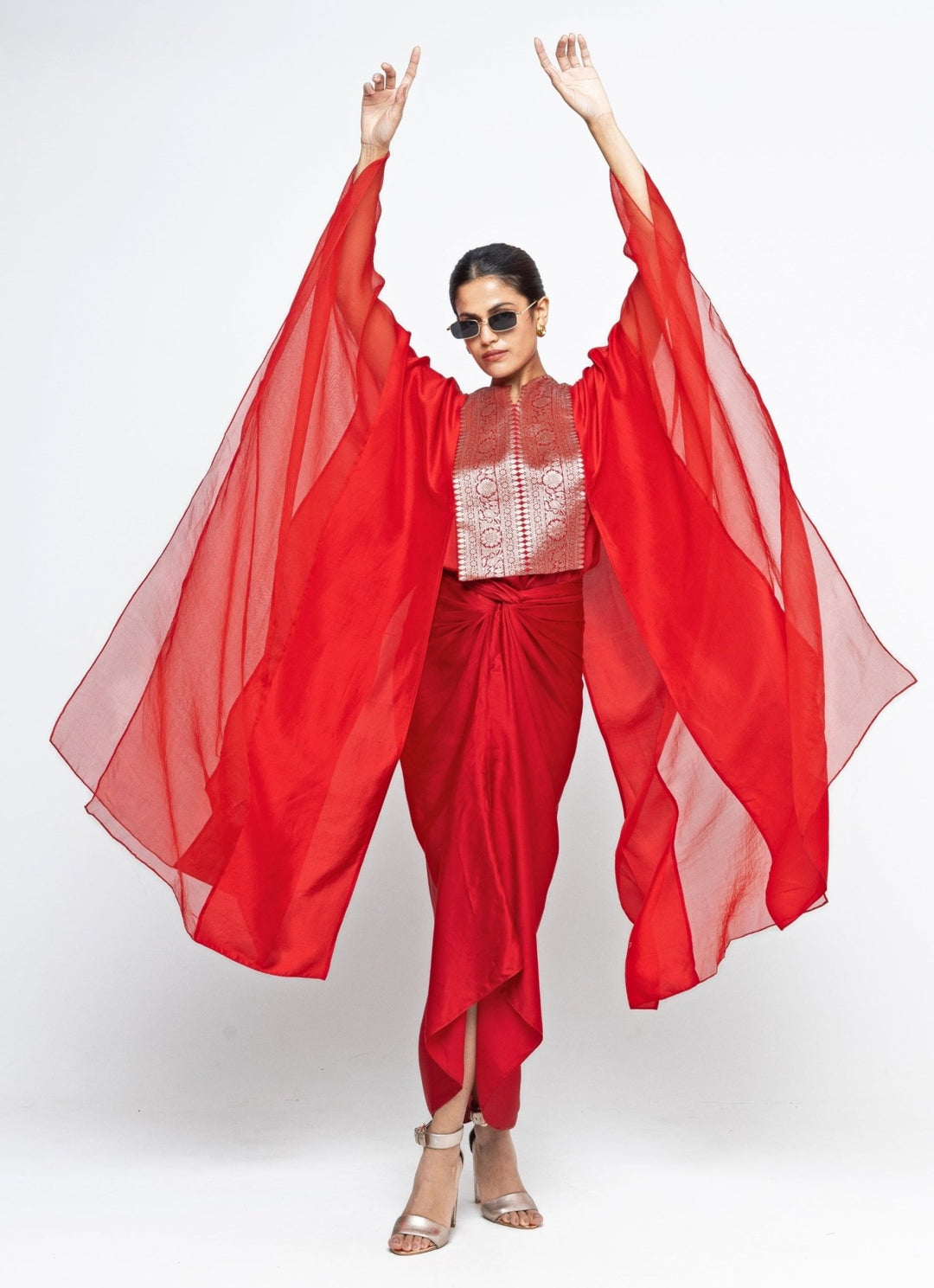 Red Asymmetrical Tie Dress With Brocade Silk Cape Sobariko - Fabilicious Fashion