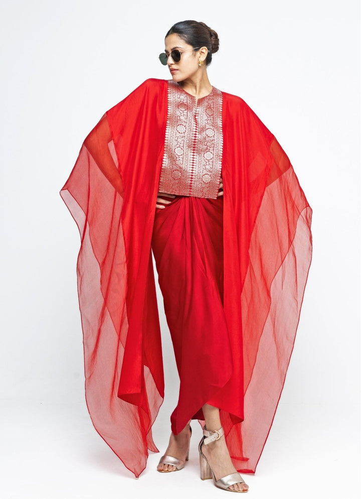 Red Asymmetrical Tie Dress With Brocade Silk Cape Sobariko - Fabilicious Fashion